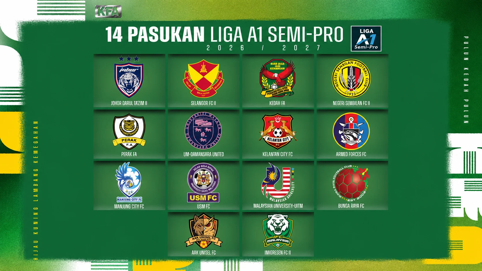 A green graphic headed "14 Pasukan Liga A1 Semi-Pro 2026/2027" beside the Liga A1 Semi-Pro logo, laying out the crest and name of all fourteen competing clubs in a grid