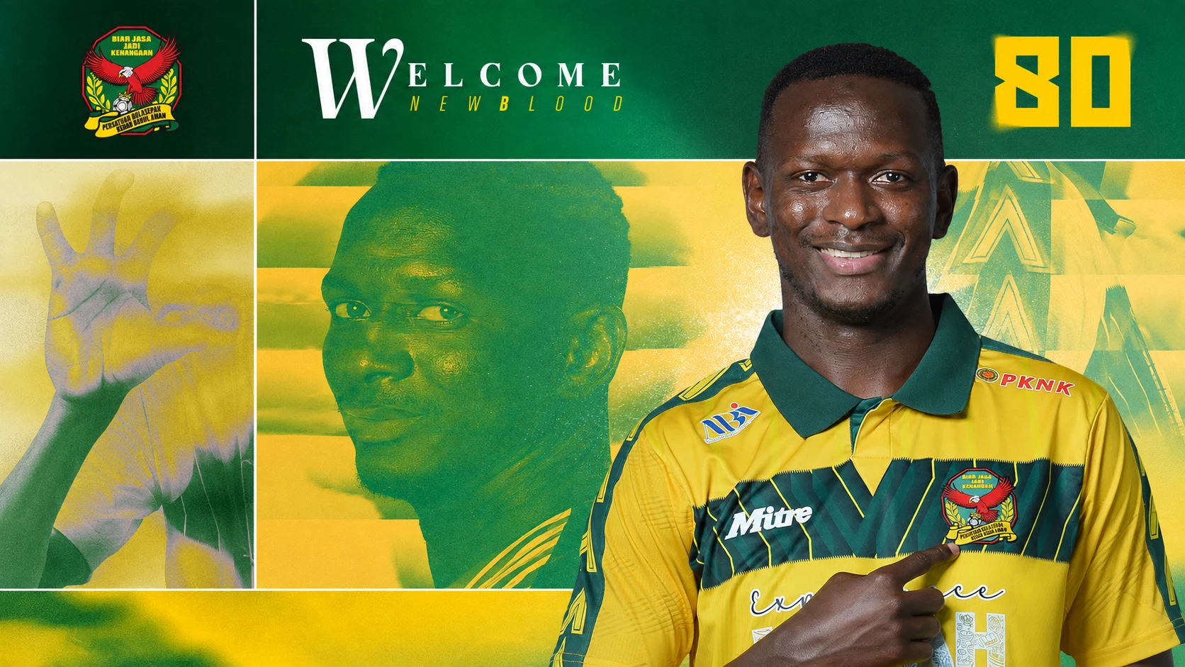 A Kedah FA announcement graphic headed "Welcome New Blood", with the club crest and the squad number 80, showing Ibrahima Barry smiling in the yellow and green home shirt and pointing at the crest on his chest